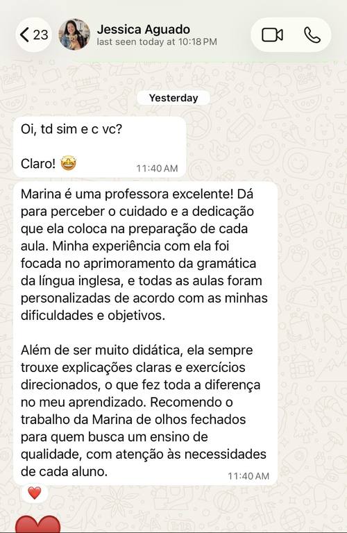 Print da conversa de Jéssica Aguado sobre as aulas personalizadas