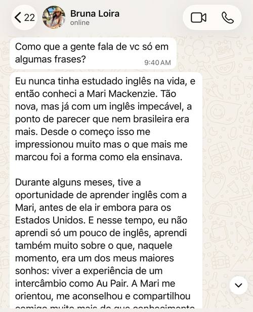 Print da conversa de Bruna Loira sobre aprender inglês comigo