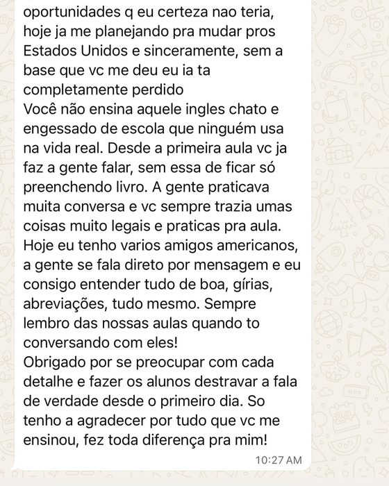Print da conversa de Leonidas sobre a evolução no inglês comigo