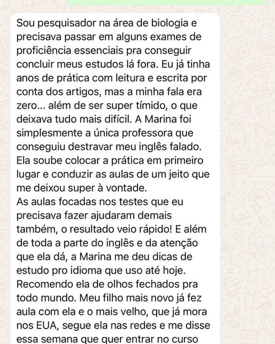 Print da conversa de Rodrigo sobre a evolução no inglês comigo