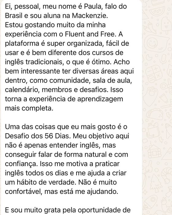 Print da conversa de Paula sobre a experiência no Fluent & Free